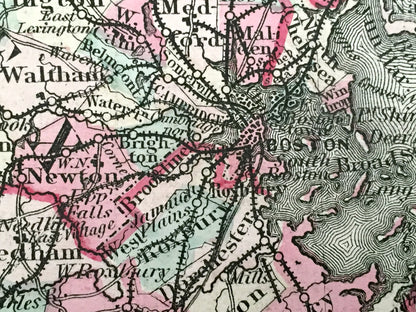 Antique 1855 New England County Map by Coltons – Massachusetts, Connecticut, Rhode Island, Cape Cod, Martha's Vineyard, Boston Berkshires MA
