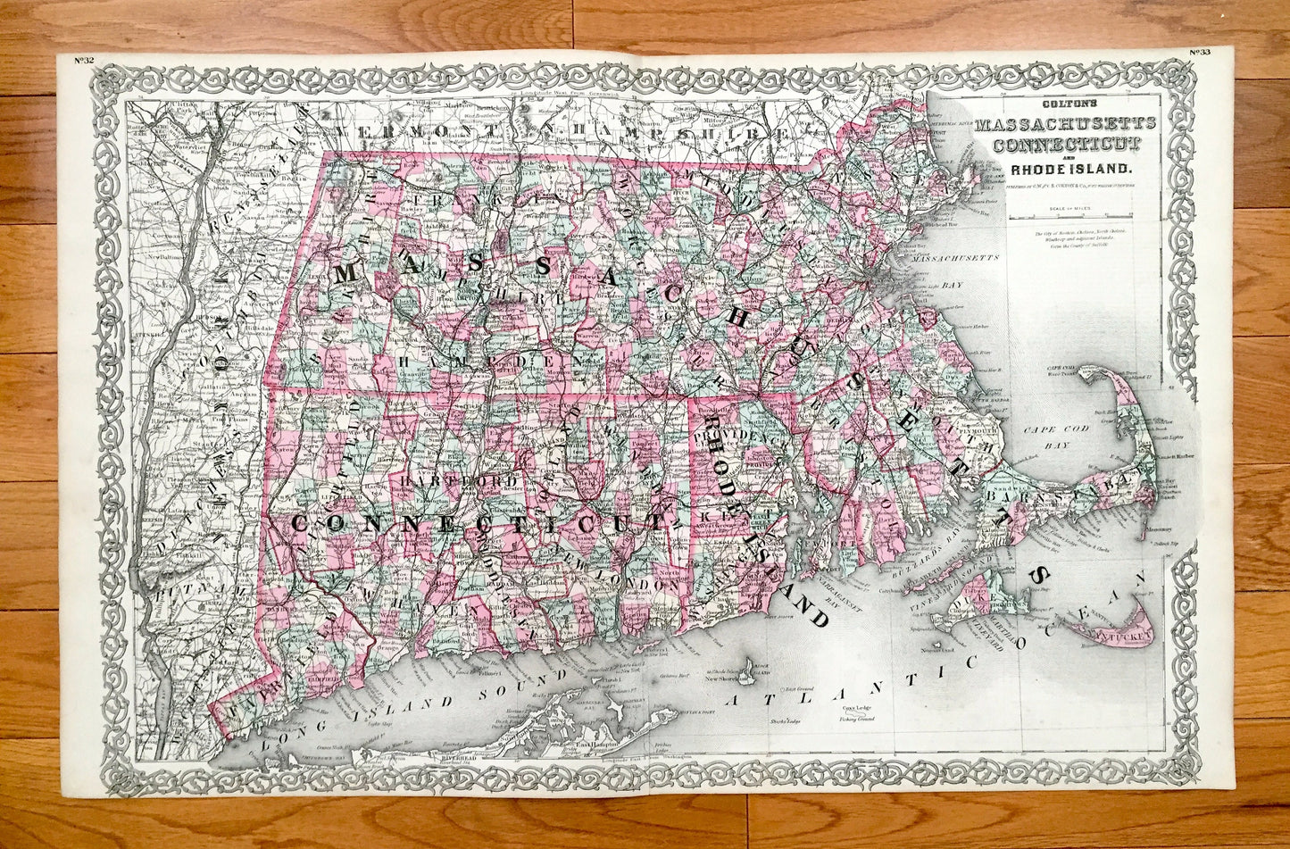 Antique 1855 New England County Map by Coltons – Massachusetts, Connecticut, Rhode Island, Cape Cod, Martha's Vineyard, Boston Berkshires MA