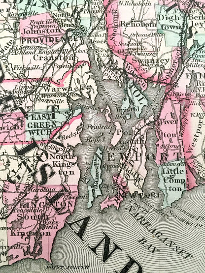 Antique 1855 New England County Map by Coltons – Massachusetts, Connecticut, Rhode Island, Cape Cod, Martha's Vineyard, Boston Berkshires MA