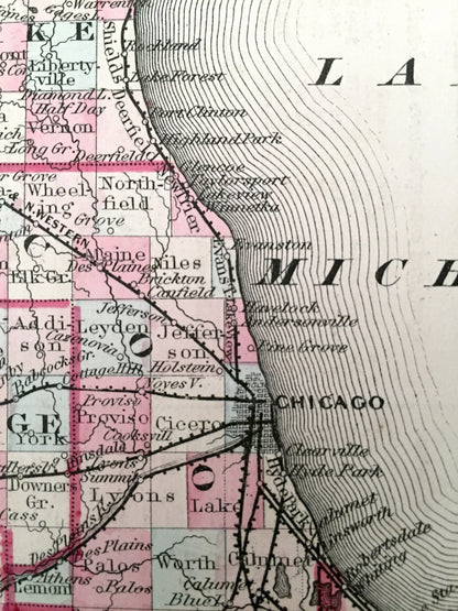 Antique 1855 Illinois State Map by Colton – Chicago, Lake, Cook County, Springfield, Galena, Aurora, Joliet, Waukegan, Highland Park, IL