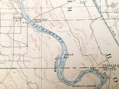Antique Vina, California 1905 US Geological Survey Topographic Map – Glen, Butte County, Corning, Sacramento River, Richfield Los Molinos CA
