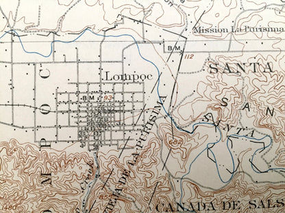 Antique Lompoc, California 1905 US Geological Survey Topographic Map – Santa Barbara, San Luis Obispo, Santa Maria, Los Padres Concepcion CA