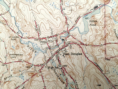 Antique Uxbridge, Massachusetts 1944 US Geological Survey Topographic Map – Sutton, Douglas, Northbridge, Burrillville, Rhode Island, MA RI