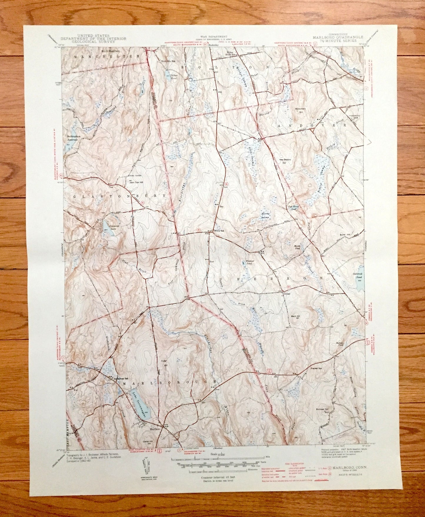 Antique Marlborough, Connecticut 1944 US Geological Survey Topographic Map – Glastonbury, Andover, Hebron, Bolton, Marlboro, Manchester, CT