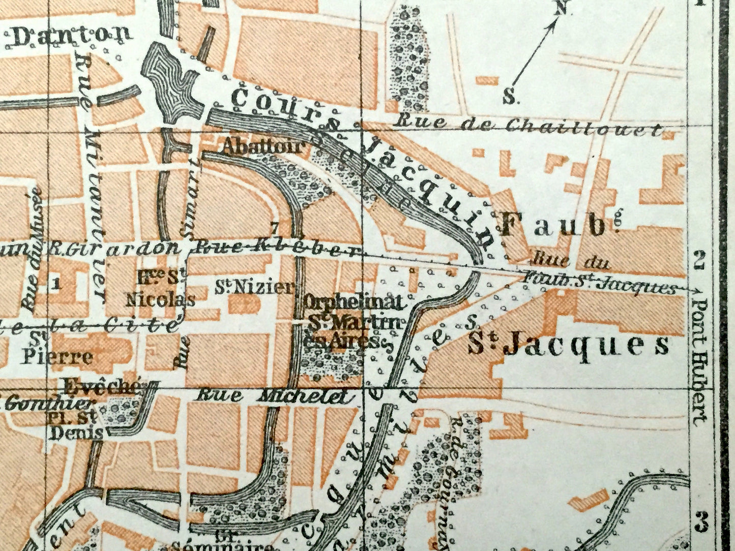 Antique 1909 Troyes, France Map from Baedekers Guide Atlas – Grand Est region, Medieval, Gothic, Boulevard Gambetta, Faubourg St. Jacques