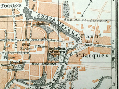 Antique 1909 Troyes, France Map from Baedekers Guide Atlas – Grand Est region, Medieval, Gothic, Boulevard Gambetta, Faubourg St. Jacques