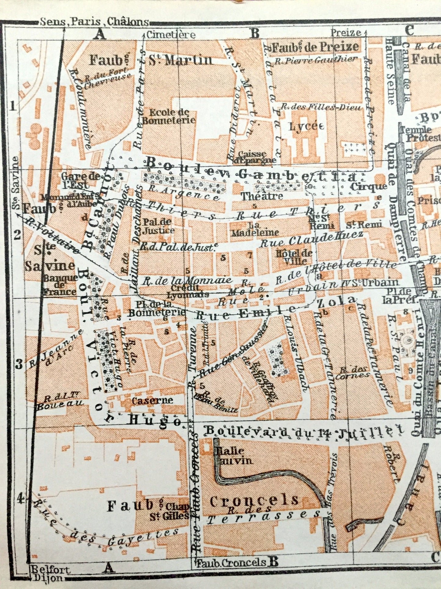 Antique 1909 Troyes, France Map from Baedekers Guide Atlas – Grand Est region, Medieval, Gothic, Boulevard Gambetta, Faubourg St. Jacques