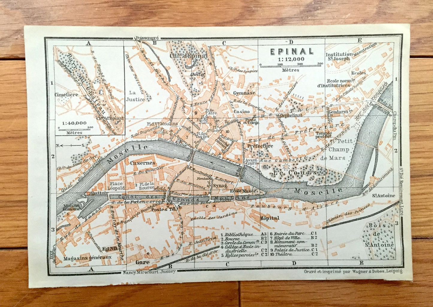 Antique 1909 Epinal, France Map from Baedekers Guide Atlas – Vosges department, Moselle River, Roman House, Medieval castle, Le Cours, Gare