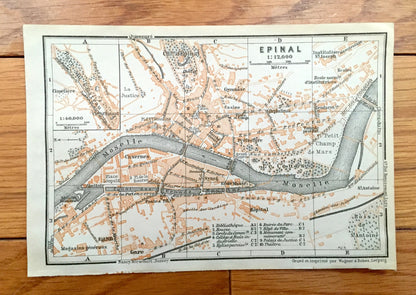 Antique 1909 Epinal, France Map from Baedekers Guide Atlas – Vosges department, Moselle River, Roman House, Medieval castle, Le Cours, Gare