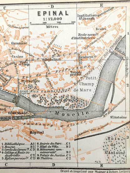 Antique 1909 Epinal, France Map from Baedekers Guide Atlas – Vosges department, Moselle River, Roman House, Medieval castle, Le Cours, Gare
