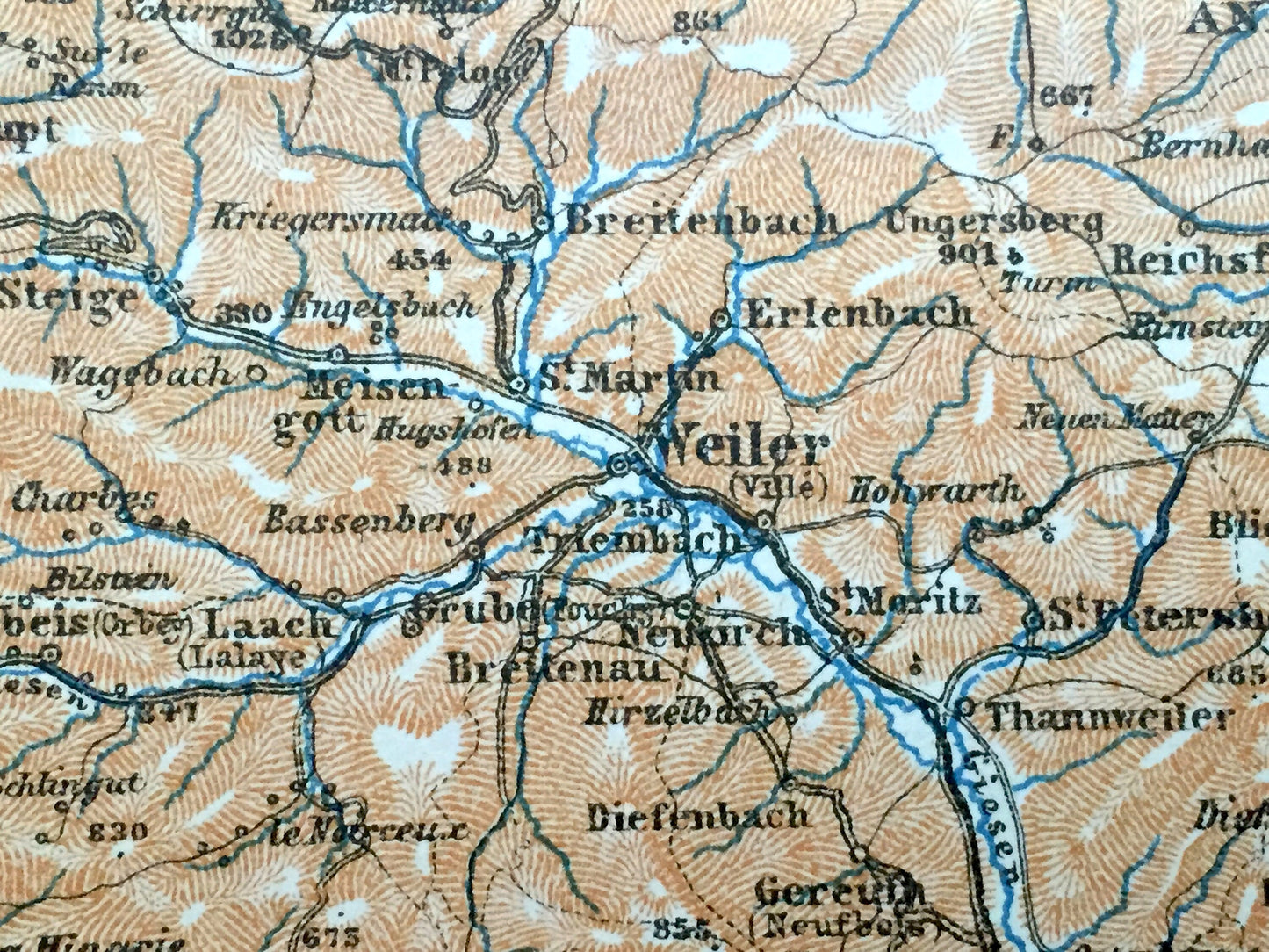 Antique 1909 Eastern France & Austria Map from Baedekers Guide Atlas – St. Die, Weiler, Andlau, Molsheim, Rosheim, Barr, Schlettstadt