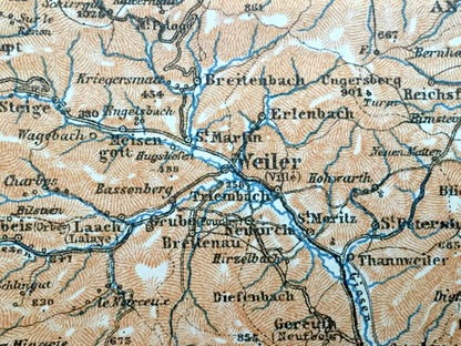 Antique 1909 Eastern France & Austria Map from Baedekers Guide Atlas – St. Die, Weiler, Andlau, Molsheim, Rosheim, Barr, Schlettstadt