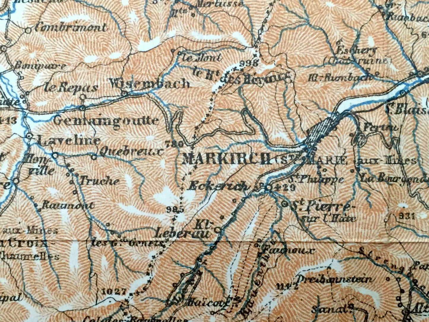 Antique 1909 Eastern France & Austria Map from Baedekers Guide Atlas – St. Die, Weiler, Andlau, Molsheim, Rosheim, Barr, Schlettstadt