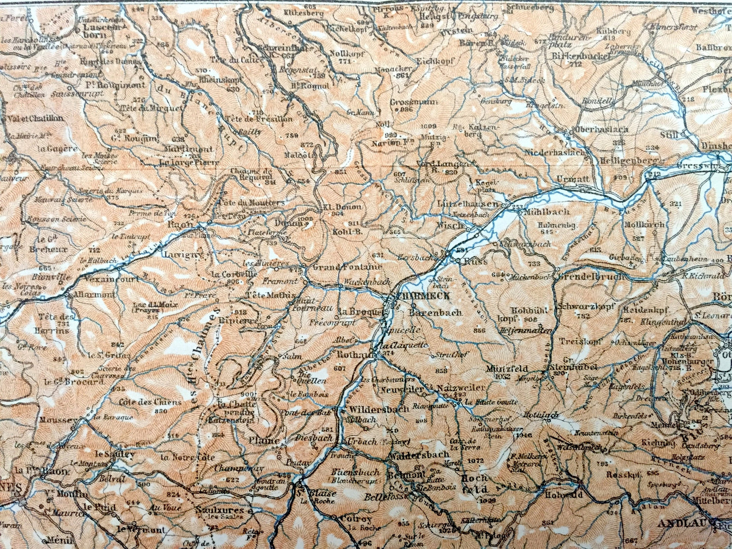 Antique 1909 Eastern France & Austria Map from Baedekers Guide Atlas – St. Die, Weiler, Andlau, Molsheim, Rosheim, Barr, Schlettstadt
