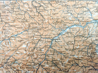 Antique 1909 Eastern France & Austria Map from Baedekers Guide Atlas – St. Die, Weiler, Andlau, Molsheim, Rosheim, Barr, Schlettstadt