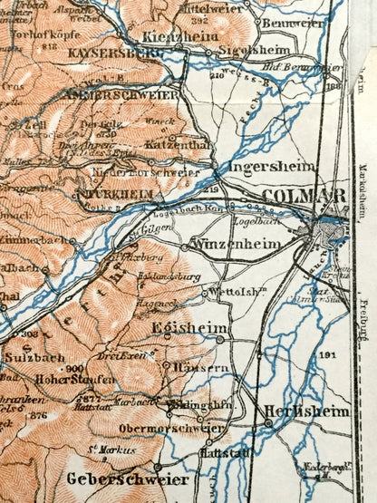 Antique 1909 Eastern France & Germany Map from Baedekers Guide Atlas – Sennheim, Mulhouse, Ensisheim, Colmar, Sulz, Munster, Gebweiler