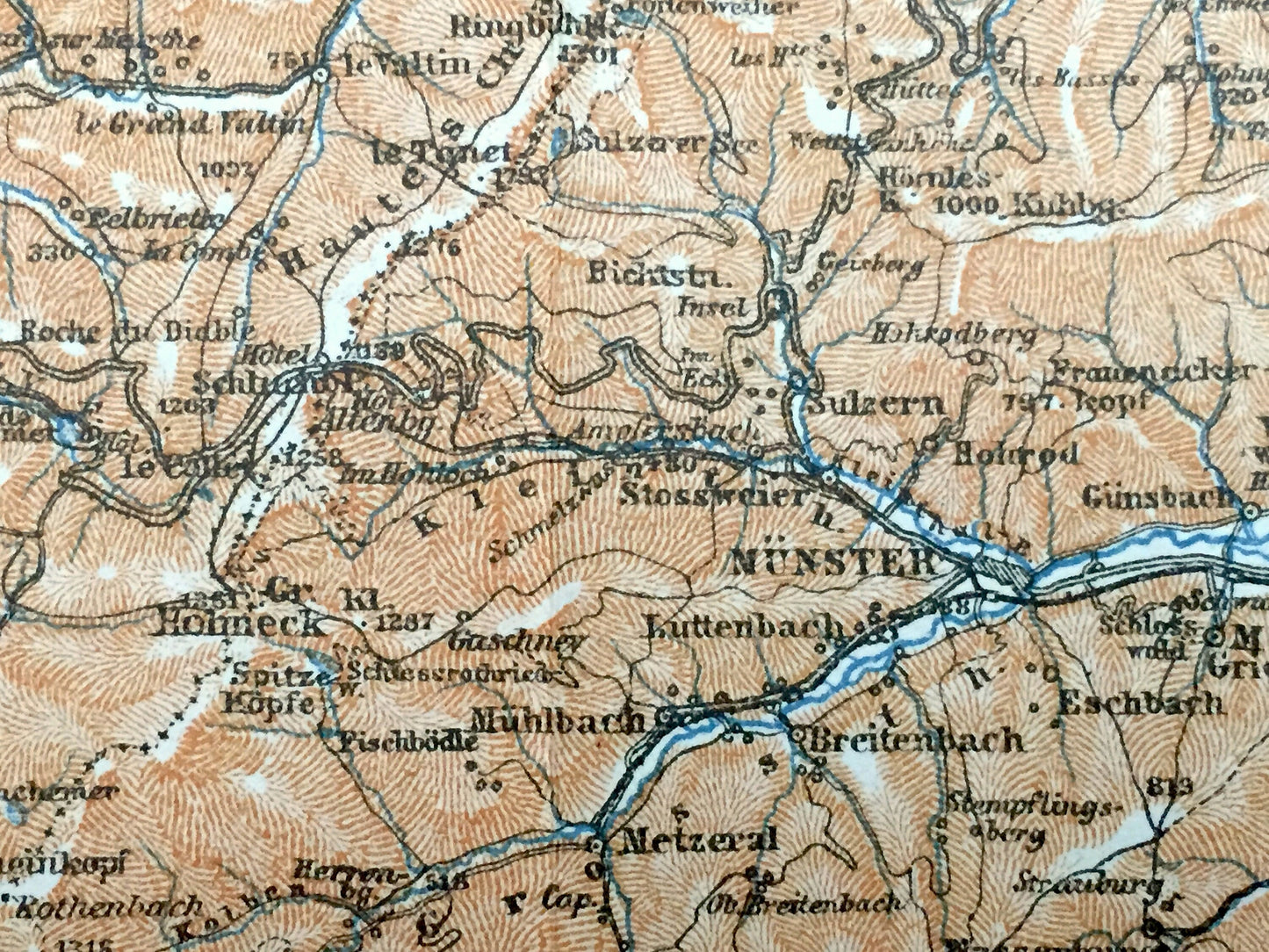Antique 1909 Eastern France & Germany Map from Baedekers Guide Atlas – Sennheim, Mulhouse, Ensisheim, Colmar, Sulz, Munster, Gebweiler