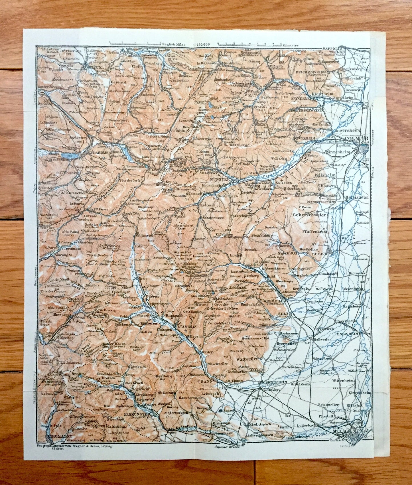 Antique 1909 Eastern France & Germany Map from Baedekers Guide Atlas – Sennheim, Mulhouse, Ensisheim, Colmar, Sulz, Munster, Gebweiler