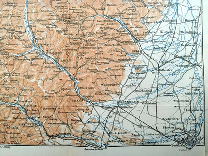 Antique 1909 Eastern France & Germany Map from Baedekers Guide Atlas – Sennheim, Mulhouse, Ensisheim, Colmar, Sulz, Munster, Gebweiler