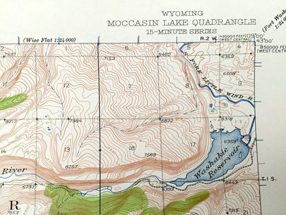 Antique Mocassin Lake, Wyoming 1937 US Geological Survey Topographic Map – Wind River Indian Reservation, Shoshone National Forest, WY