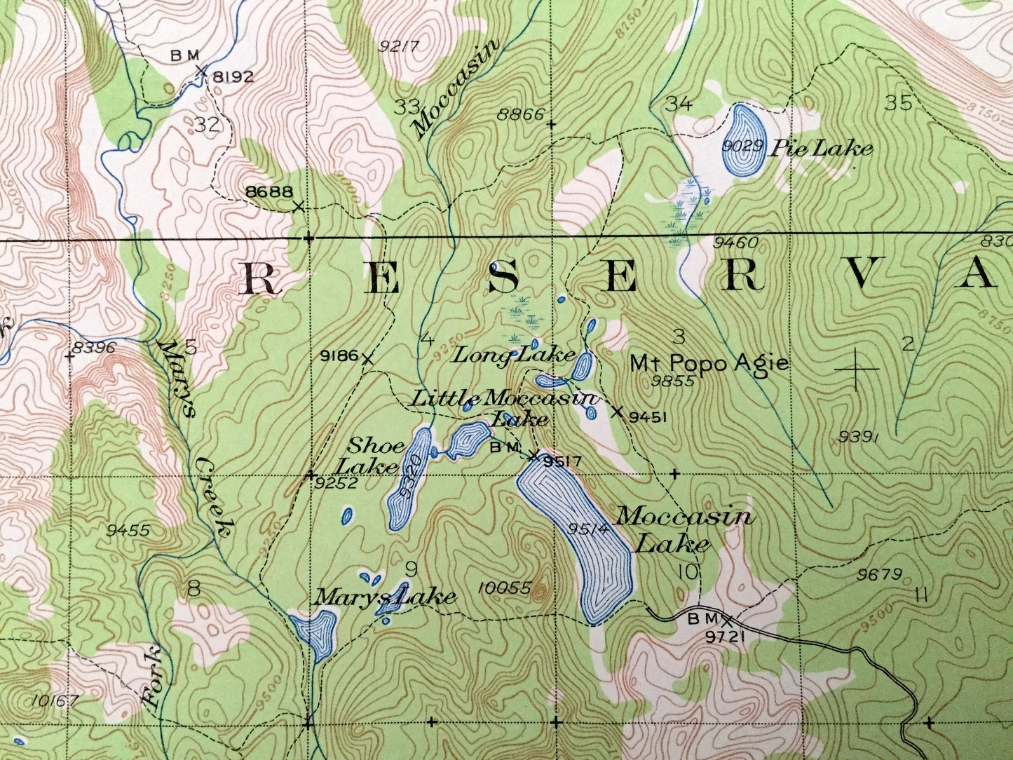 Antique Mocassin Lake, Wyoming 1937 US Geological Survey Topographic Map – Wind River Indian Reservation, Shoshone National Forest, WY