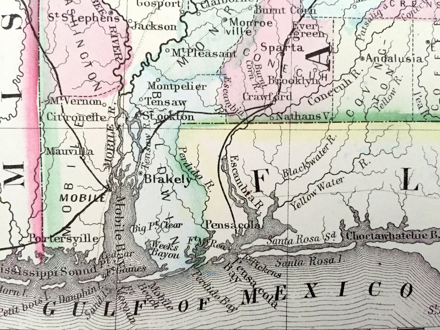 Antique 1871 Georgia & Alabama State Map by S.A. Mitchell – Atlanta, Mobile, Montgomery, Savannah, Birmingham, Athens Columbus Decatur GA AL