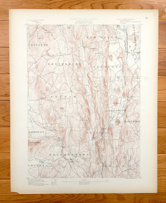 Antique Enfield, Massachusetts BEFORE Quabbin Reservoir 1885 US Geological Survey Topographic Map – Dana, Prescott Greenwich Ware Amherst MA