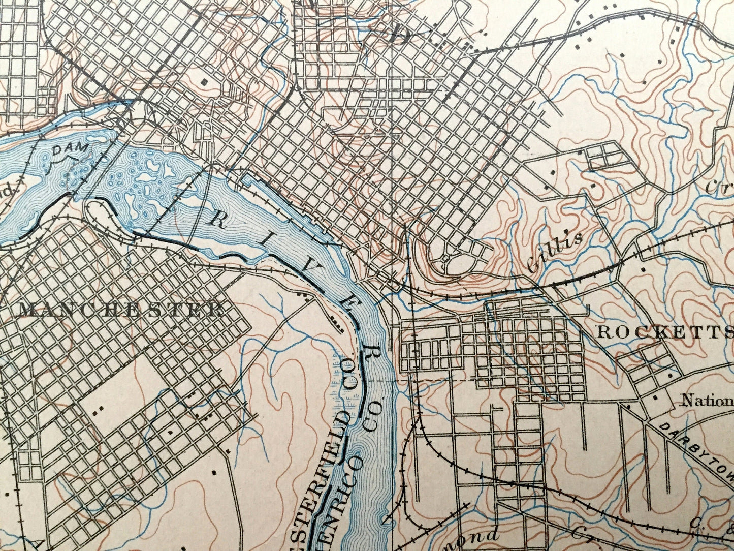 Antique Richmond, Virginia 1895 US Geological Survey Topographic Map – King William, Hanover, Henrico, Chesterfield County, James River, VA