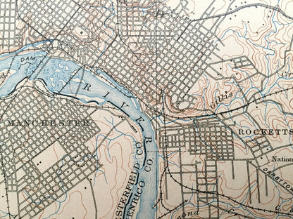 Antique Richmond, Virginia 1895 US Geological Survey Topographic Map – King William, Hanover, Henrico, Chesterfield County, James River, VA