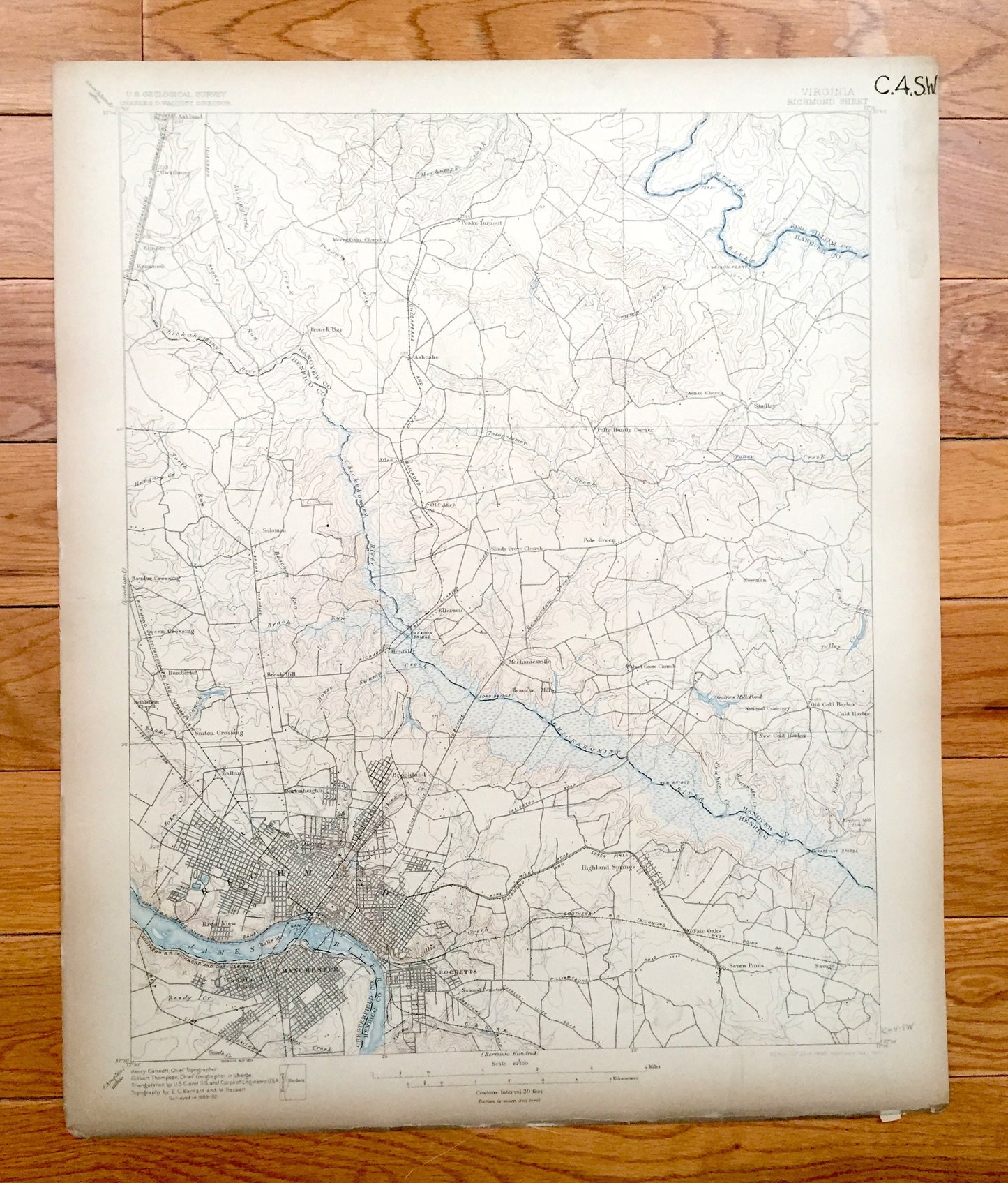 Antique Richmond, Virginia 1895 US Geological Survey Topographic Map – King William, Hanover, Henrico, Chesterfield County, James River, VA
