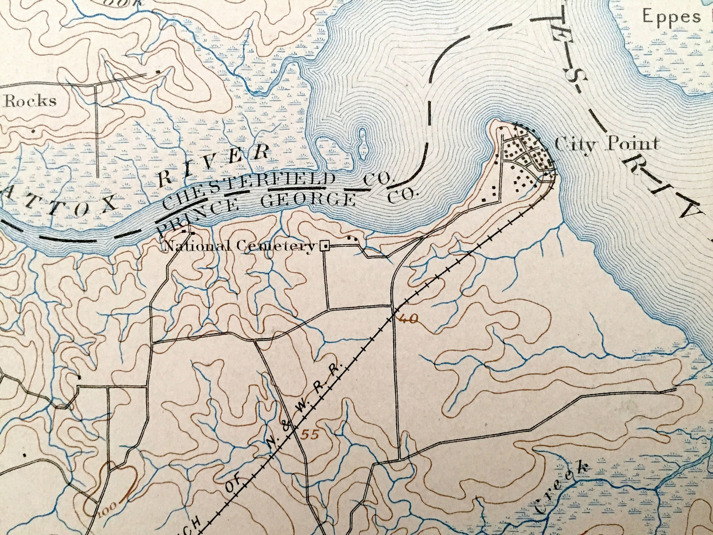 Antique Bermuda Hundred, Virginia 1894 US Geological Survey Topographic Map – Hopewell, City Point, Chester, Richmond, Colonial Heights, VA