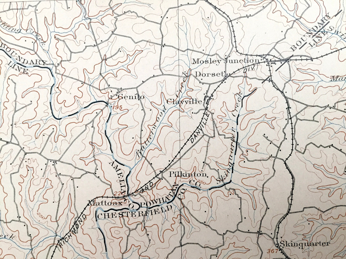 Antique Amelia, Virginia 1897 US Geological Survey Topographic Map – Powhatan, Chesterfield, Nottoway, Dinwiddie County, Courthouse Chula VA