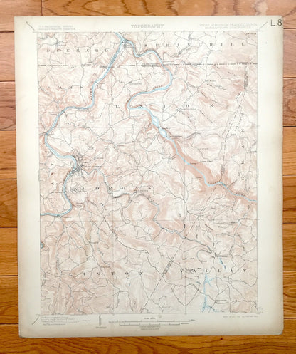 Antique Morgantown, West Virginia 1902 US Geological Survey Topographic Map – Monongalia County, Morgan, Cass, Dunkard, Point Marion, WVU