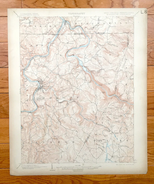 Antique Morgantown, West Virginia 1902 US Geological Survey Topographic Map – Monongalia County, Morgan, Cass, Dunkard, Point Marion, WVU