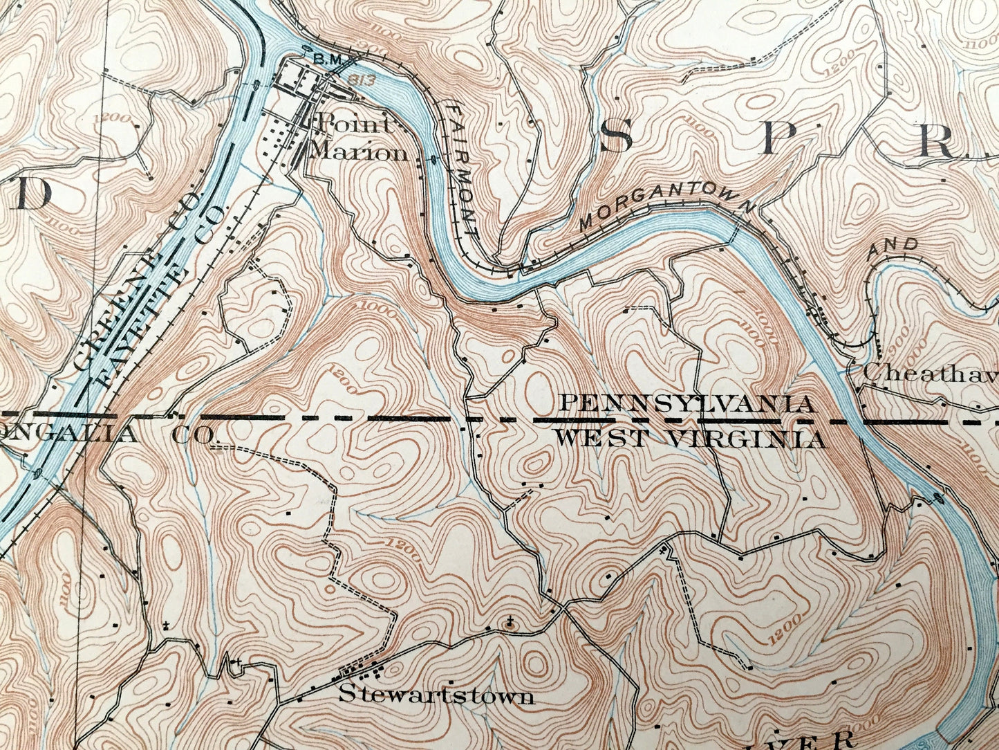 Antique Morgantown, West Virginia 1902 US Geological Survey Topographic Map – Monongalia County, Morgan, Cass, Dunkard, Point Marion, WVU