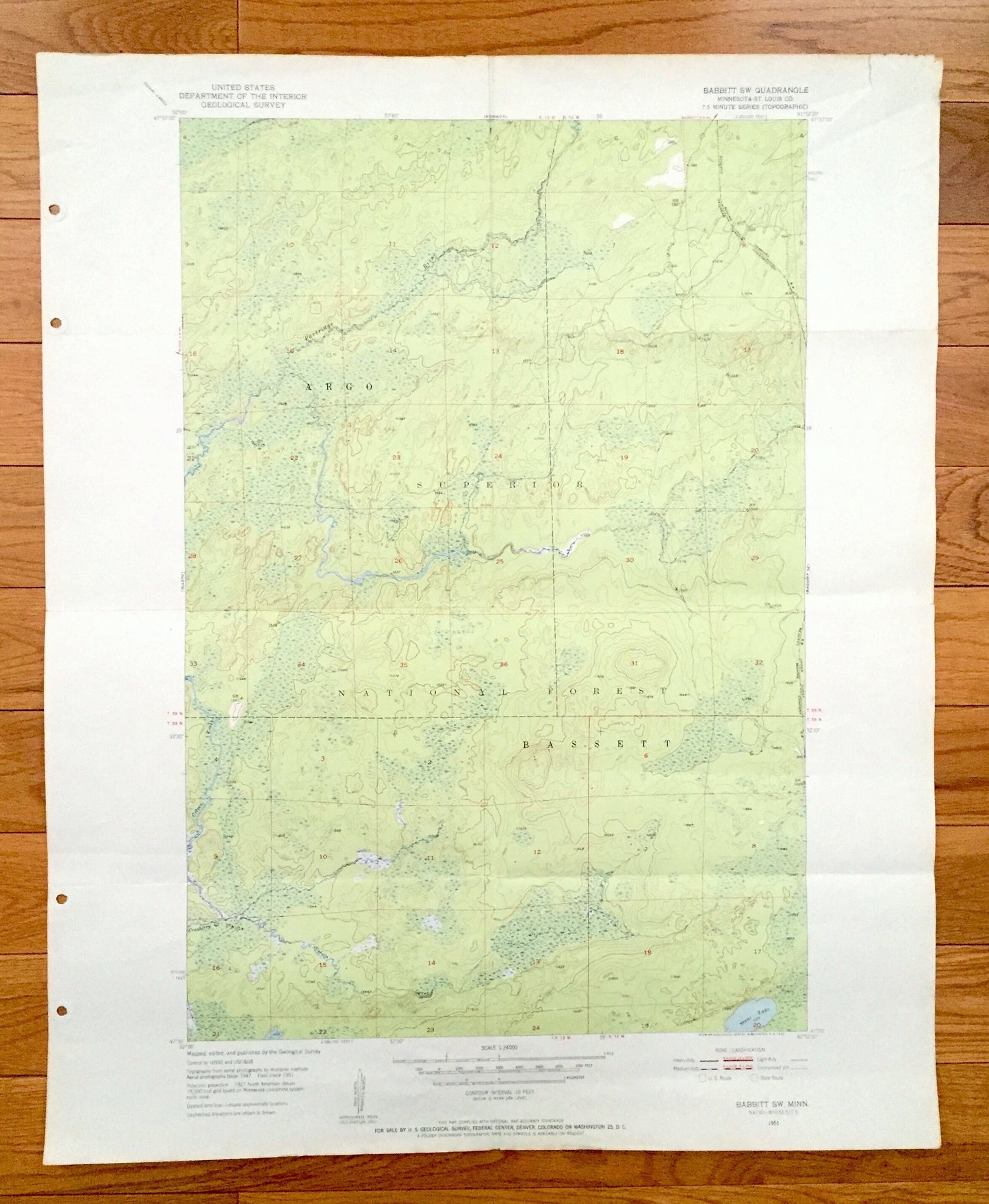 Antique Babbitt SW, Minnesota 1951 US Geological Survey Topographic Map - St Louis County, Superior National Forest, Argo Partridge River MN
