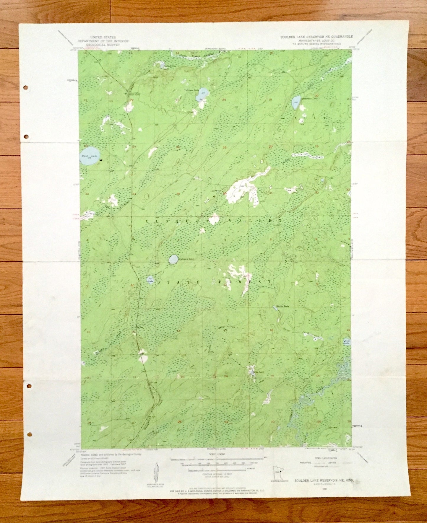 Antique Boulder Lake Reservoir NE, Minnesota 1957 US Geological Survey Topographic Map -  St Louis County, Cloquet Valley State Forest, MN