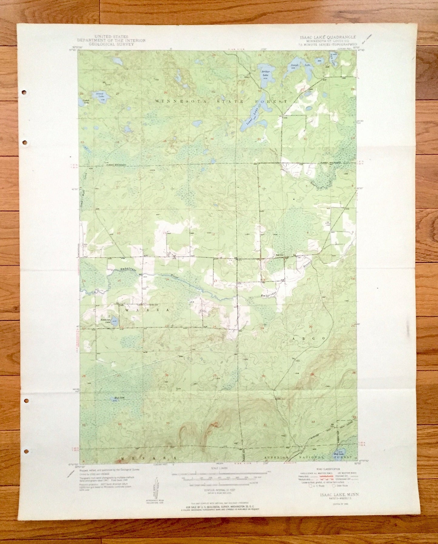 Antique Isaac Lake, Minnesota 1950 US Geological Survey Topographic Map - St Louis County, Mesaba, Waasa, Argo, Superior National Forest, MN