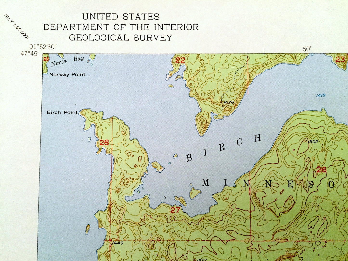 Antique Babbitt NE, Minnesota 1952 US Geological Survey Topographic Map - St Louis County, Superior National Forest, Argo, Birch Lake, MN