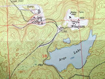 Antique Babbitt, Minnesota 1951 US Geological Survey Topographic Map -  St Louis County, Superior National Forest, Argo, Bassett, Divide, MN