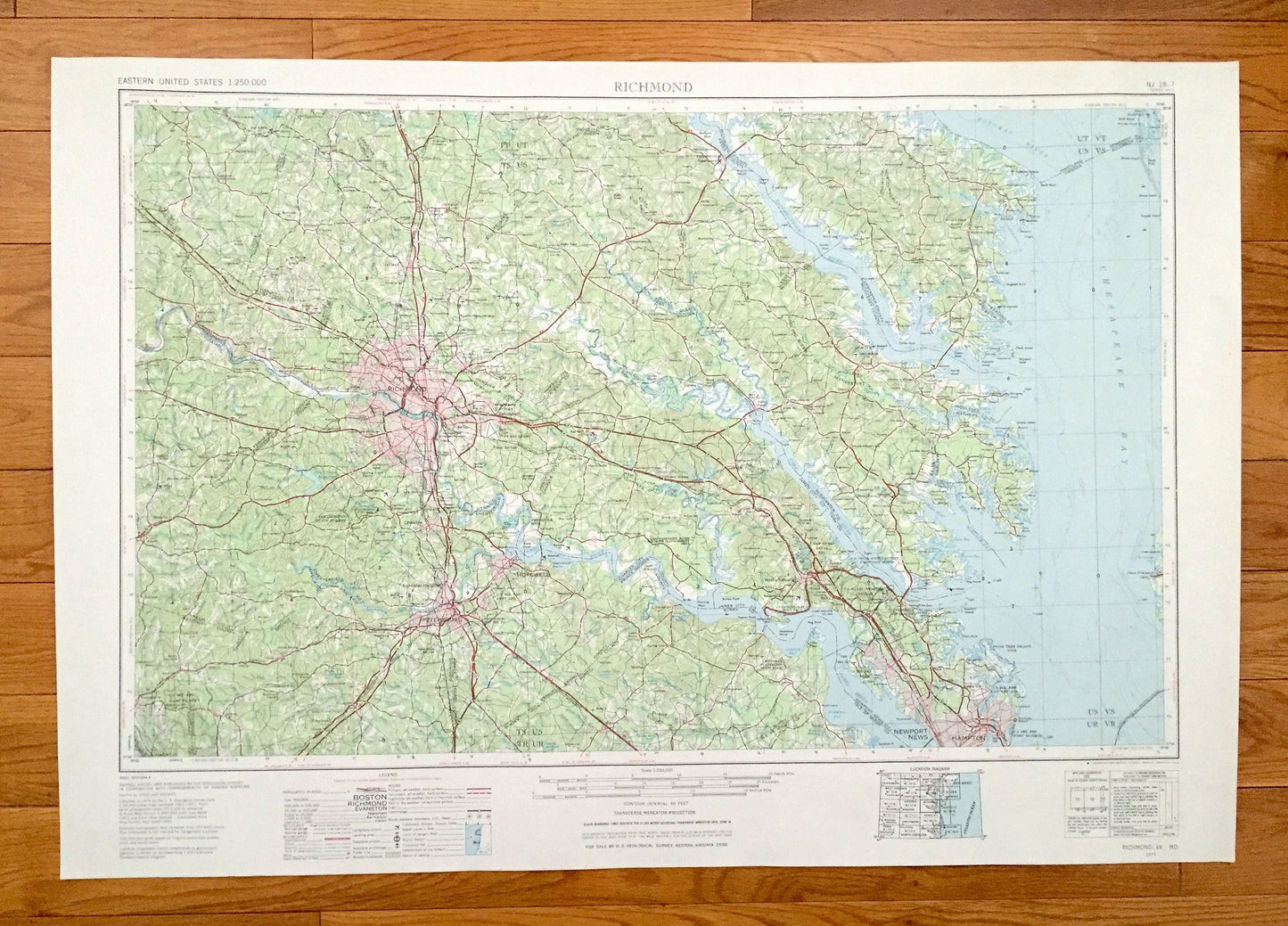 Antique Richmond, Virginia 1973 US Geological Survey Topographic Map – Petersburg, Newport News, Williamsburg, Chesapeake Bay, Yorktown, VA