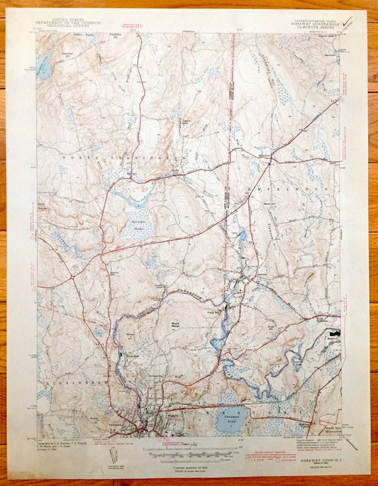 Antique Ashaway, Connecticut 1943 US Geological Survey Topographic Map – North Stonington, Pawcatuck, Westerly, Hopkinton Rhode Island CT RI