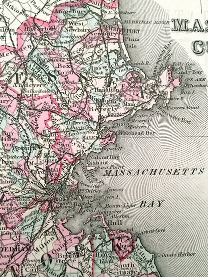 Antique 1855 New England County Map by Coltons – Massachusetts, Connecticut, Rhode Island, Cape Cod, Martha's Vineyard, Boston Berkshires MA