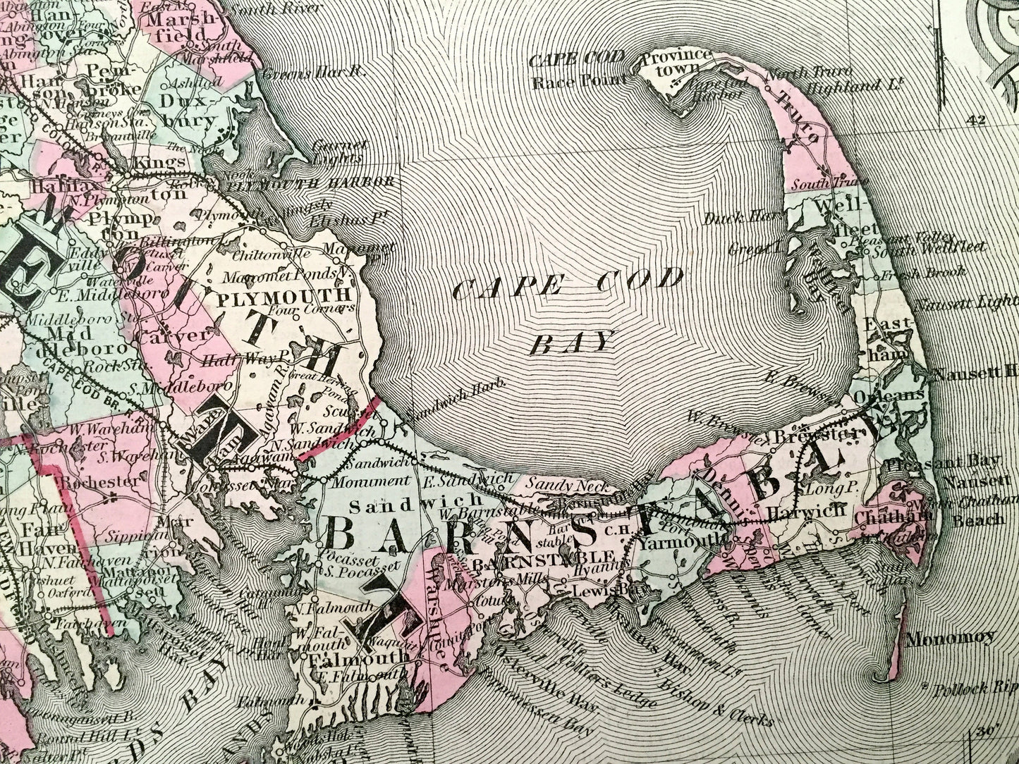 Antique 1855 New England County Map by Coltons – Massachusetts, Connecticut, Rhode Island, Cape Cod, Martha's Vineyard, Boston Berkshires MA