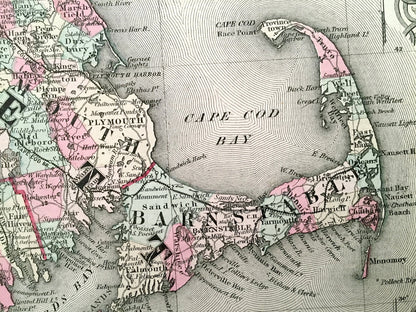 Antique 1855 New England County Map by Coltons – Massachusetts, Connecticut, Rhode Island, Cape Cod, Martha's Vineyard, Boston Berkshires MA