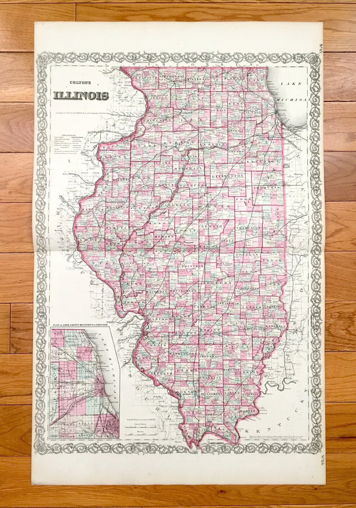 Antique 1855 Illinois State Map by Colton – Chicago, Lake, Cook County, Springfield, Galena, Aurora, Joliet, Waukegan, Highland Park, IL