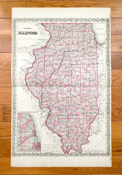 Antique 1855 Illinois State Map by Colton – Chicago, Lake, Cook County, Springfield, Galena, Aurora, Joliet, Waukegan, Highland Park, IL