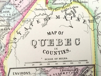 Antique 1871 Quebec, Canada Map by S.A. Mitchell – Montreal, Three Rivers, St. Francis, Terre Bonne, City, Sherbrooke, New Brunswick, QC