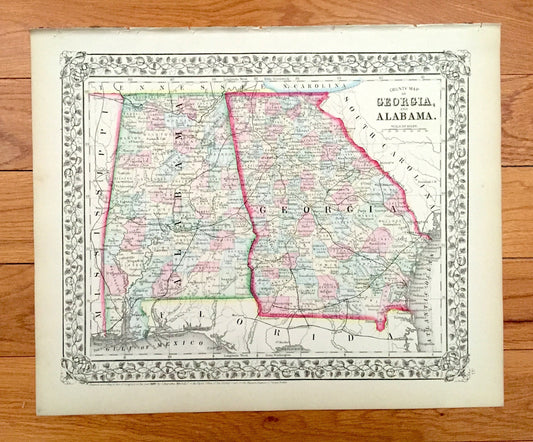 Antique 1871 Georgia & Alabama State Map by S.A. Mitchell – Atlanta, Mobile, Montgomery, Savannah, Birmingham, Athens Columbus Decatur GA AL