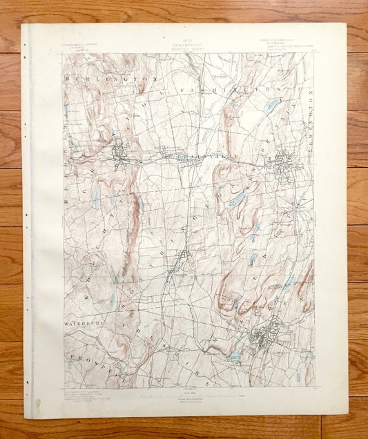 Antique Meriden, Connecticut 1893 US Geological Survey Topographic Map – Burlington, Farmington, Southington, Bristol New Britain Wolcott CT
